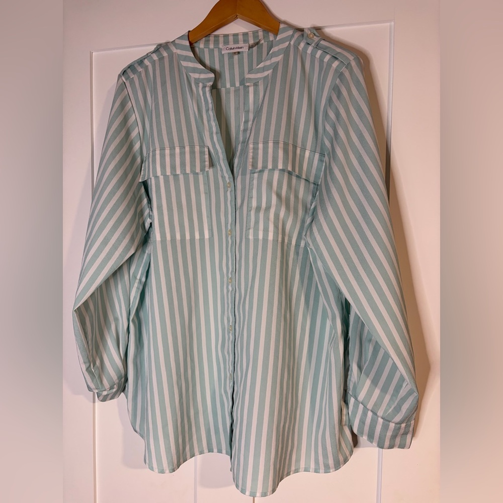 Calvin Klein Mint and‎ White Striped Shirt